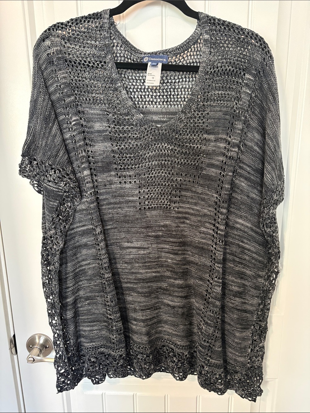 Democracy Charcoal Open-Knit V-Neck Poncho Sweater